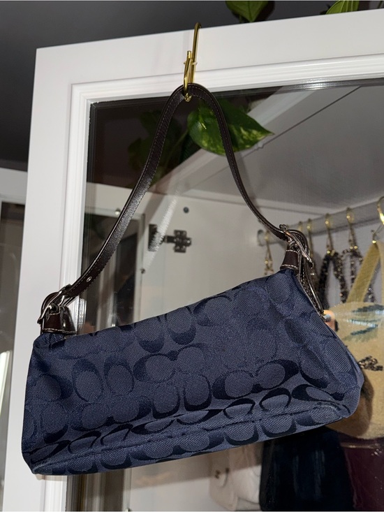 Coach Handbags - Vintage Coach Navy Jacquard Shoulder Bag with Dark Brown Leather Strap